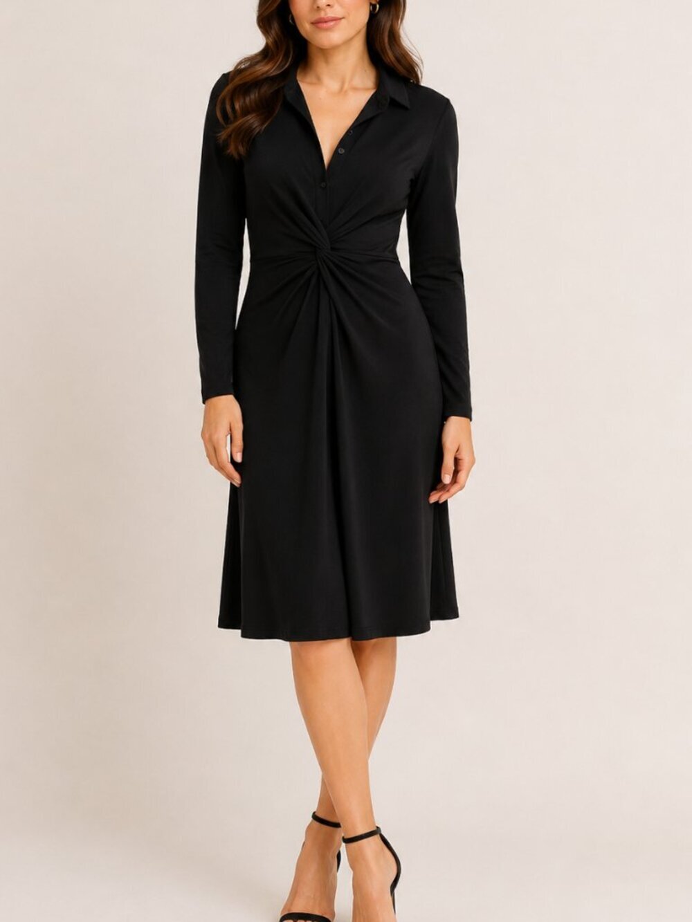 Black Twist Front Dress Long Sleeve Collared Office Career Midi NWT Size 6